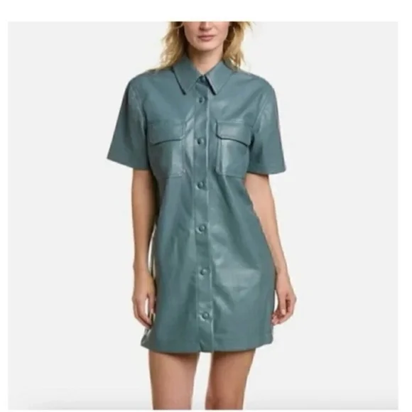 7 For All Mankind Faux Leather Shirt Dress Button Down Teal Size S - Picture 1 of 10